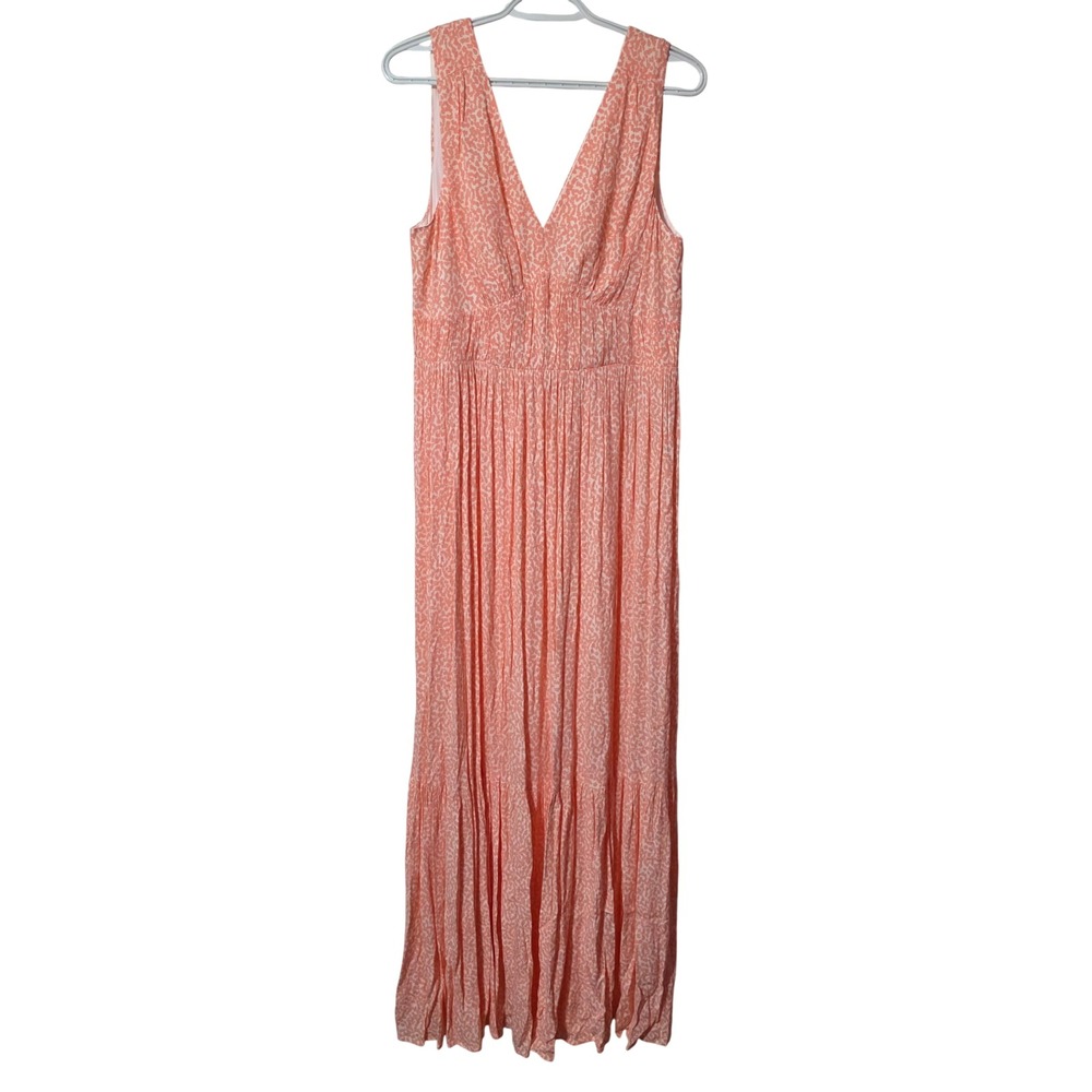 Express Women M Maxi Dress Coral Pink White Animal Print Boho Tiered V-Neck NWT